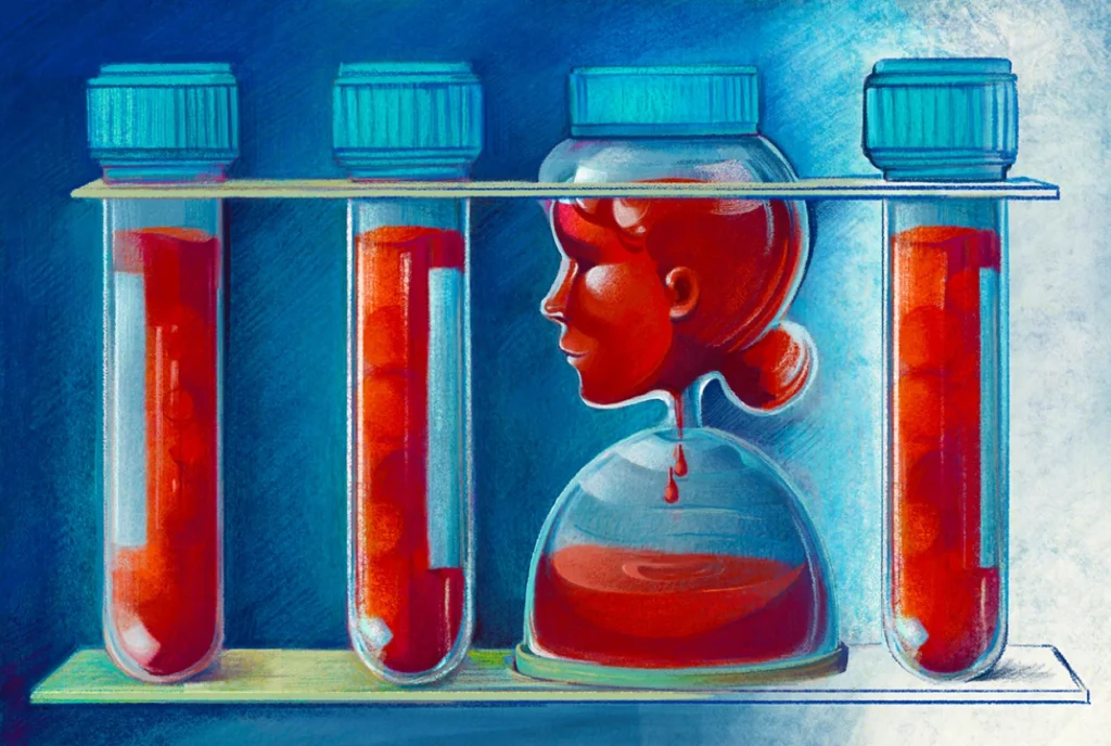 Illustration of four test tubes filled with red liquid, one of which forms the shape of a human head and upper body, resembling an hourglass dripping fluid into the bottom half.