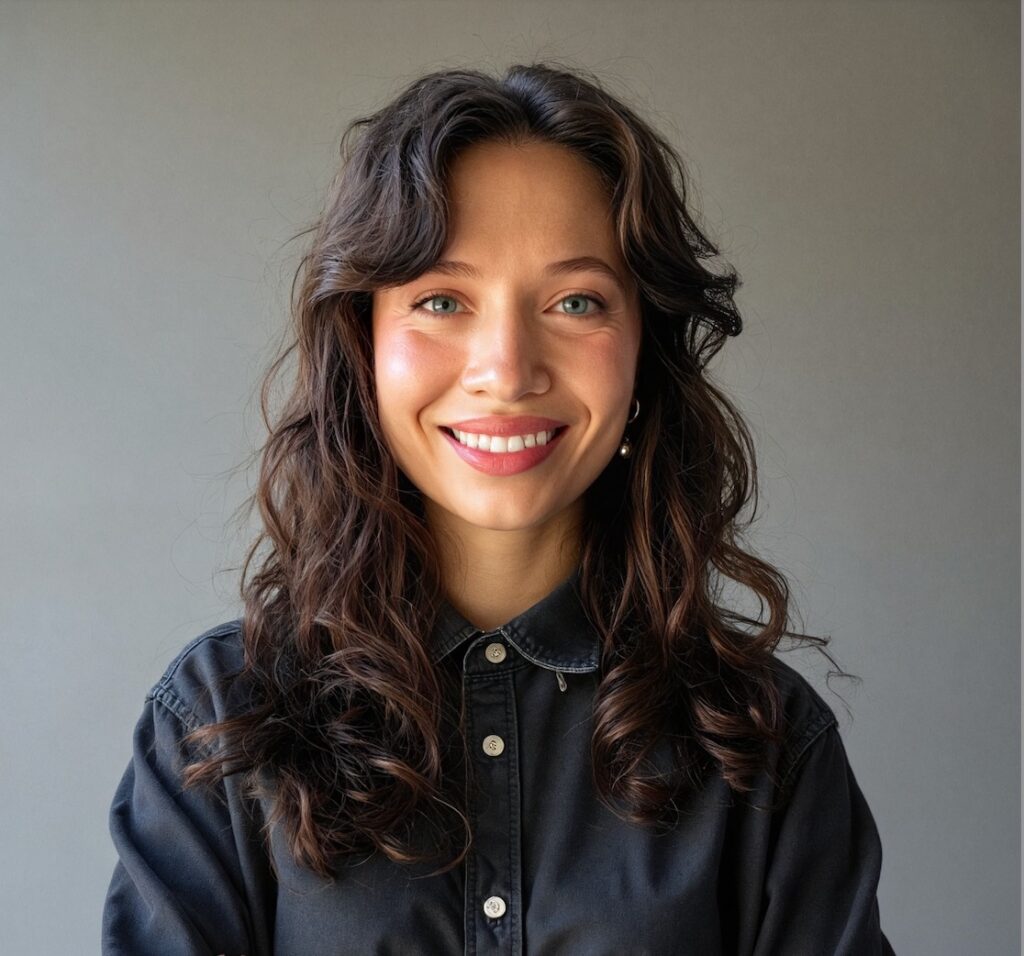 Portrait of a woman smiling with long dark curly hair and a black button up blouse with a grey background.